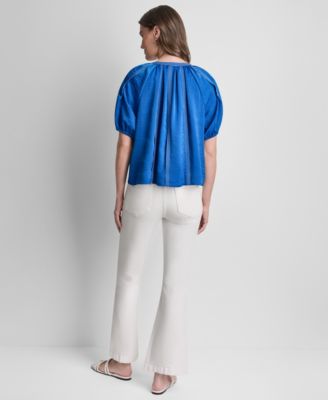 Women's Puff-Sleeve Top Stitch Tie-Front Top