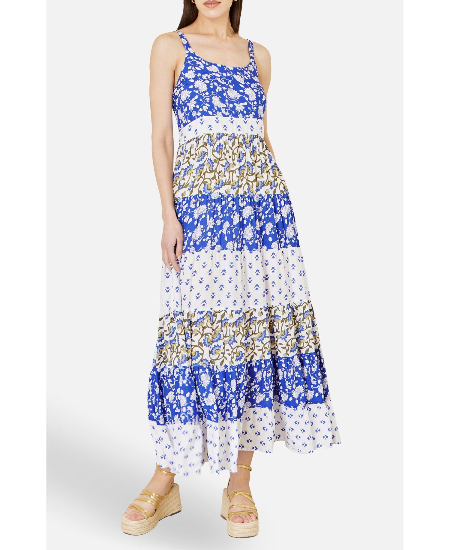 Women's Patchwork Print Tiered Maxi Dress