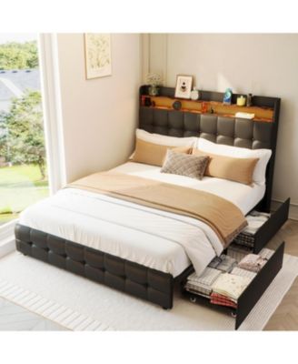 Queen Size Bed Frame with 2 Storage Drawers, Upholstered Bed Frame Queen with LED Light, Double-Layer Bedside Headboard Charging Socket USB