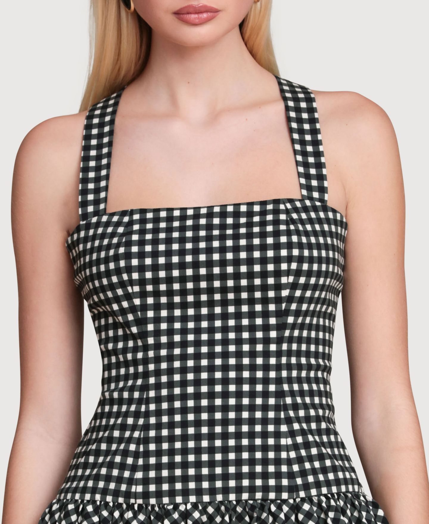 Женское платье Avec Les Filles Drop Waist Bubble Hem Mini, цвет: Чёрный / Кремовый в мелкую клетку — фото 3
