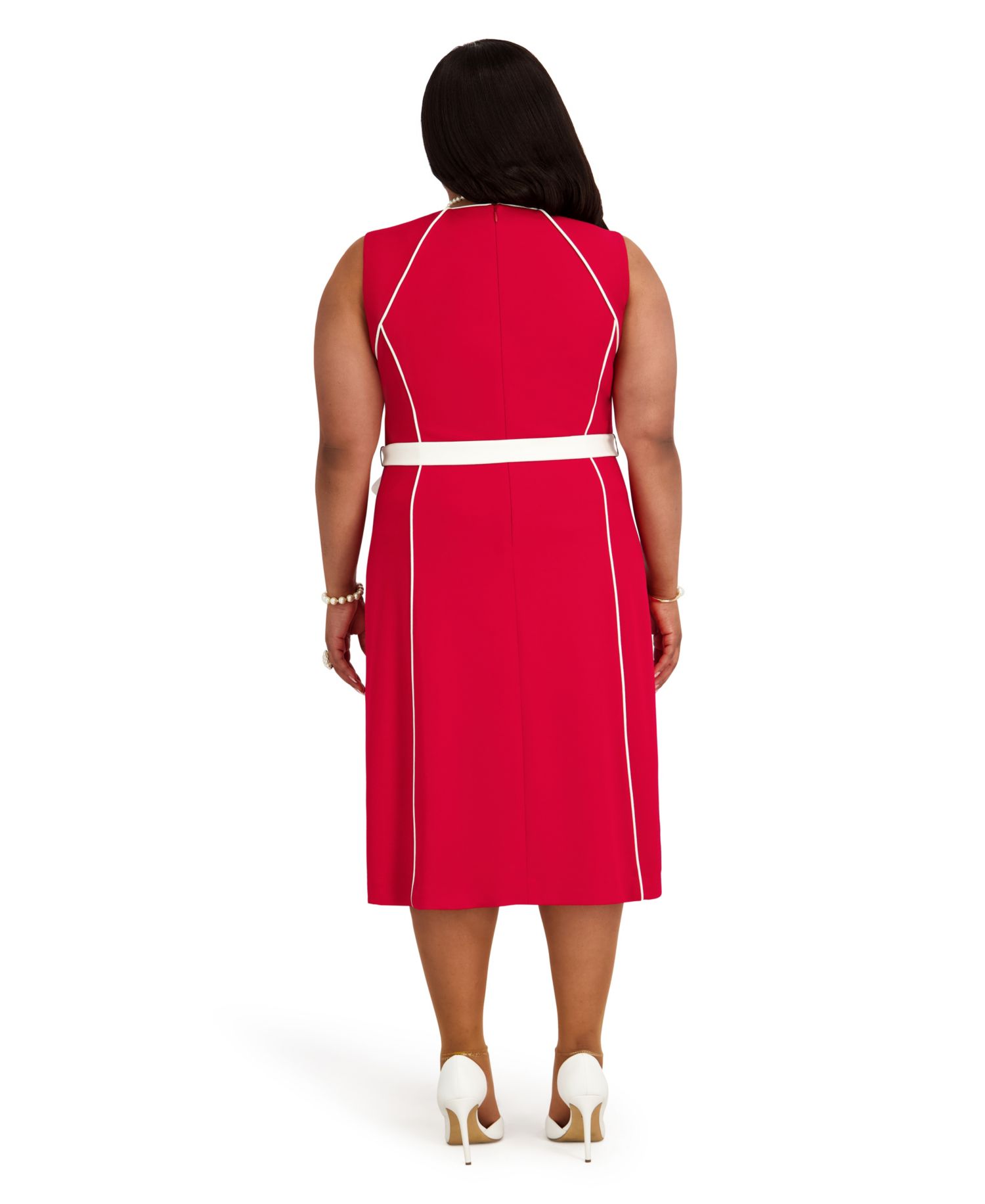 Women's Contrast Seam with Sash Crewneck Midi Dress