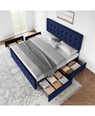 King Bed Frame With 4 Drawers Velvet Upholstered Headboard Button Design Wood Slats No Box Spring