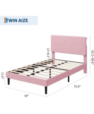 Twin Size Corduroy MDF Bedhead Storage Soft Package Bed, Pink Upholstered Bed Frame, Spacious Storage, Comfortable Mattress