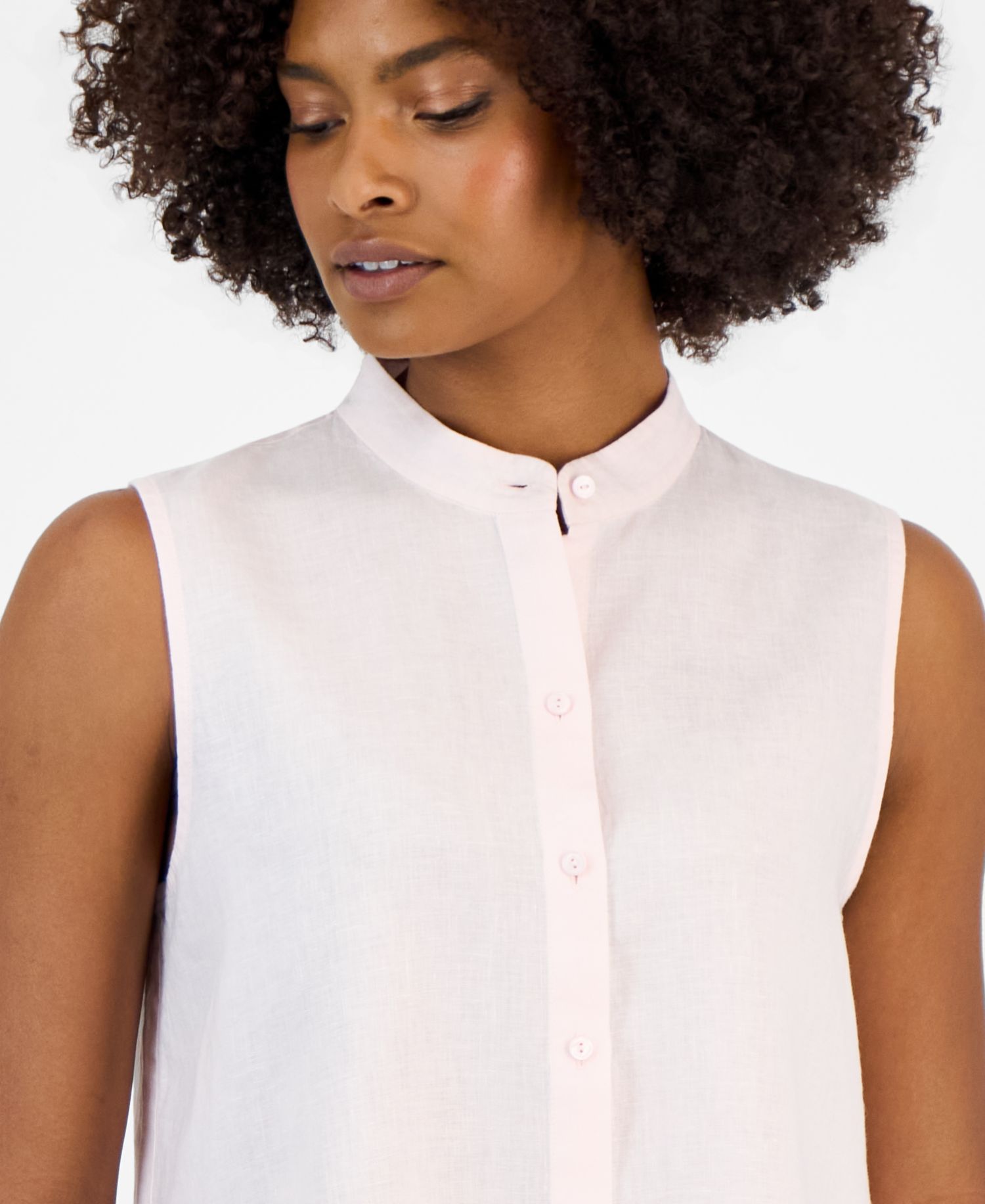Women's Linen Sleeveless Band-Collar Shirt