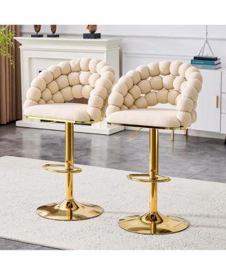 Streamdale  Furniture Set of 2 Beige Puffy Bubble Bar Stools with Gold Legs