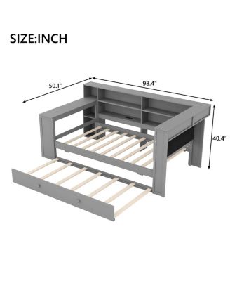 Twin Wood Platform Bed with Storage, Trundle, Charging Ports, LED Lighting, and Desk Headboard
