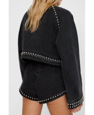 Women's Heart Studded Cropped Denim Jacket