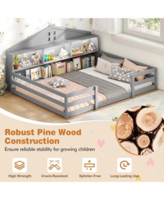 Montessori Floor Bed with Storage Compartments and Shelf