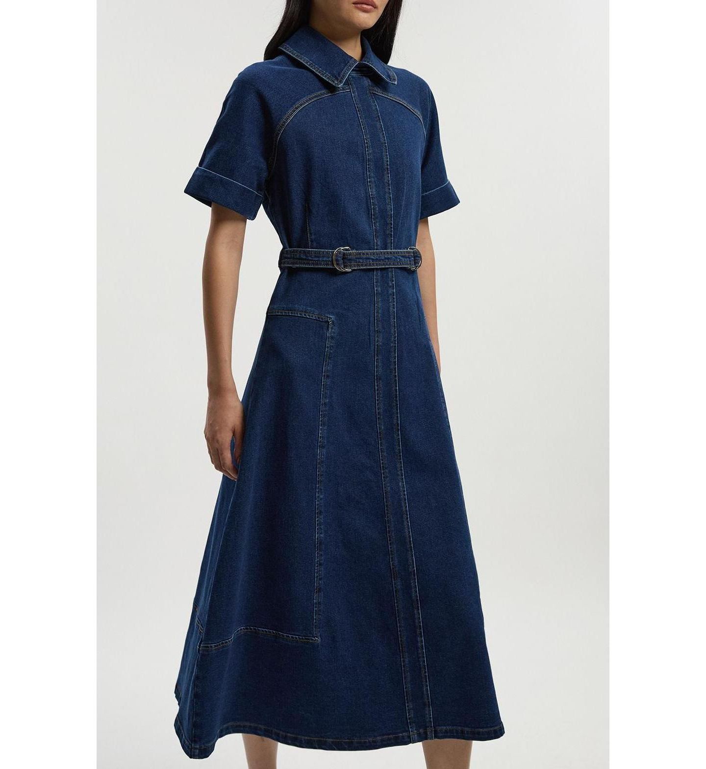 Женское платье Karen Millen Petite Stretch Denim Tab Belt Midi, цвет: Средняя варка — фото 4