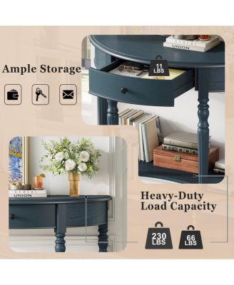 Farmhouse Navy Half Moon Console Table with Drawer & Shelf