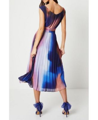 Women's Printed Pleated V-Neck Midi Dress