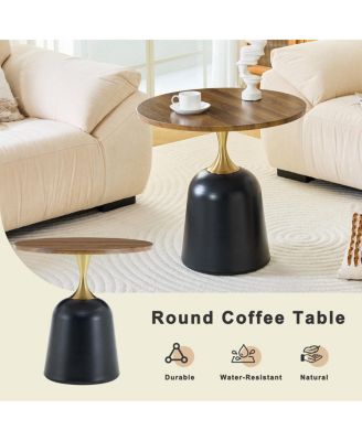 Circular side table with metal base and walnut wood grain