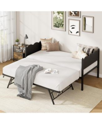 Twin Daybed with Trundle, Industrial Wood Grain Headboard, Steel Slats Support Sofa Bed for Bedroom, Living Room