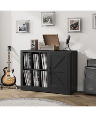 Farmhouse Record Player Stand with Barn Doors, Turntable Table with Display Shelves, Wooden Media Console & LP Record Holder for Living Room