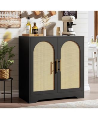 Wood Storage Cabinet with 2 Rattan Doors, Adjustable Shelf, Rustic Sideboard/TV Stand, Living Room.