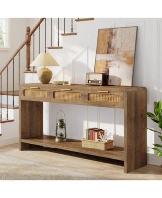 Entryway Table with 3 Rattan Drawers, Narrow Console Sofa Table with 2-Tier Open Storage Shelf