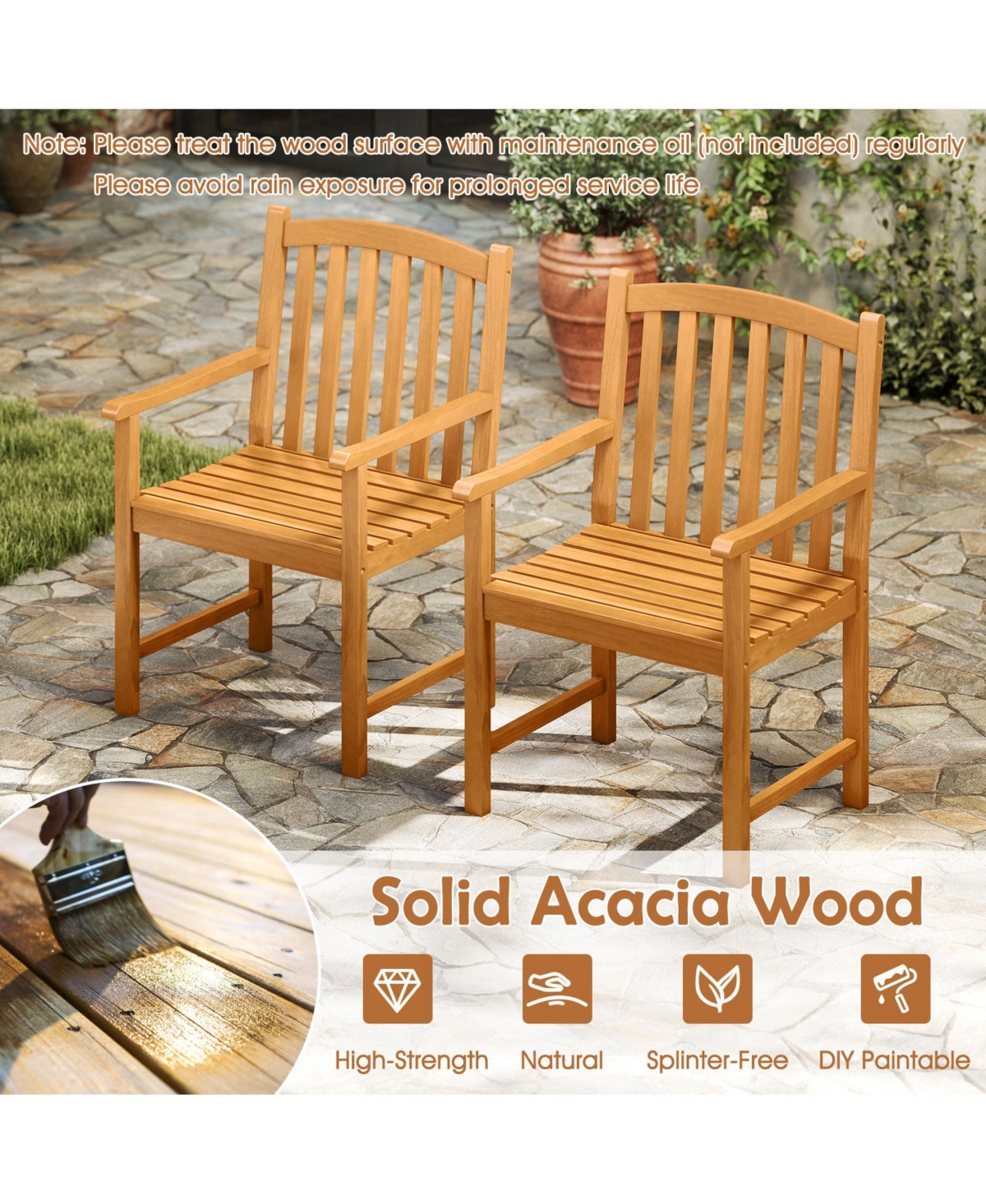 Gymax 2PCS Outdoor Dining Chairs Acacia Wood Slatted Patio Chairs w/ Inclined Backrest