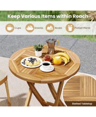 Patio Teak Wood Dining Table 27.5'' Round Side Table w/ Slatted Tabletop