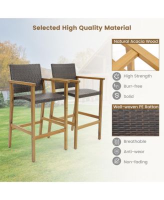 Patio Rattan Bar Stool Set of 4 Outdoor PE Wicker Bar Chairs w/ Armrests & Sturdy Footrests