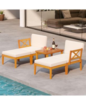 5 PCS Acacia Wood Patio Chaise Lounge Chair Set w/ 2-Tier Coffee Table Cushions