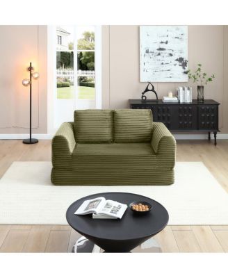 2-in-1 Folding Convertible Sofa Bed, Modern Corduroy Sleeper Couch with 2 Pillows