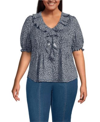 Plus Size Puff Sleeve Slub Ruffle Pintuck Top