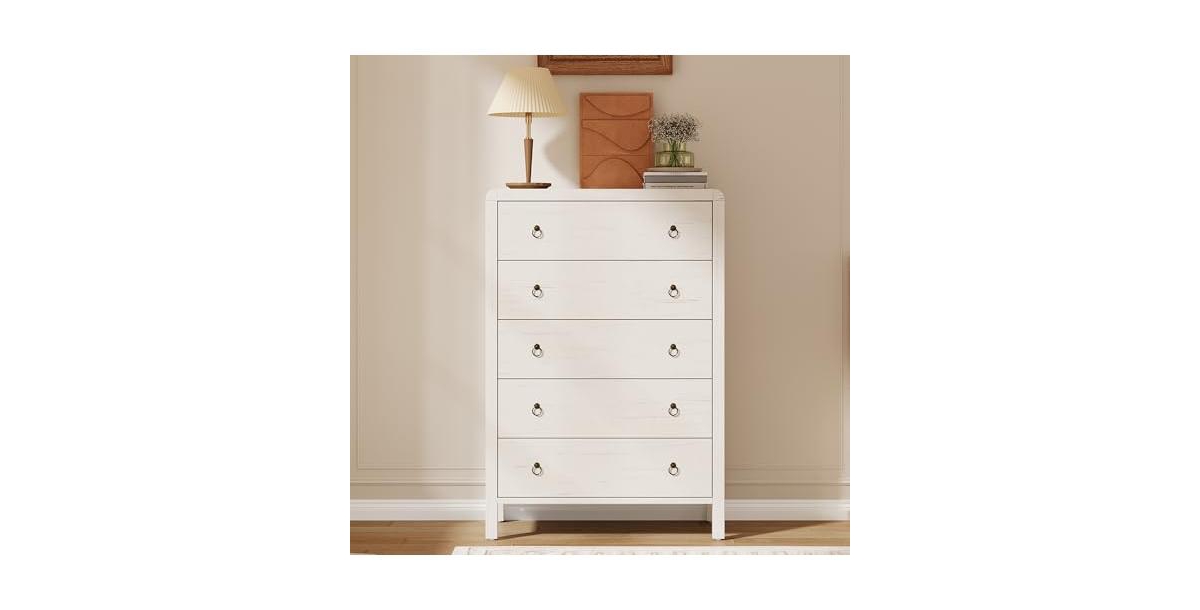 gaomon 5 Drawer Dresser for Bedroom, 47" Tall Modern Chest of Drawers, Curved Profile Design, Wood Drawer Organizer - White
