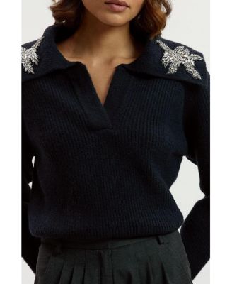 Women's Embellished Collar V Neck Knit Sweater