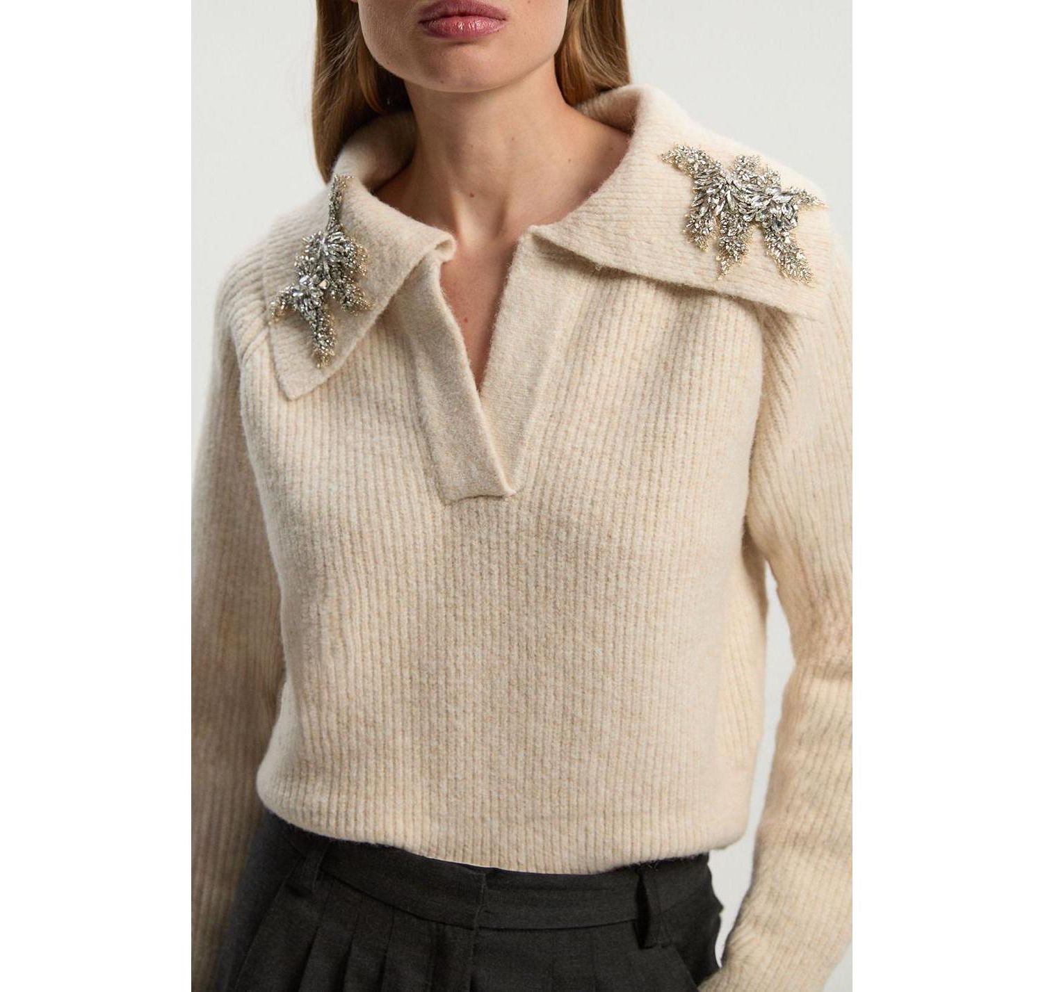 Women's Embellished Collar V Neck Knit Sweater