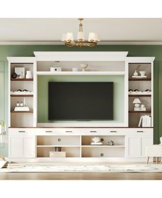 Farmhouse 4-Piece Entertainment Center with Bookshelf, Walnut TV Stand