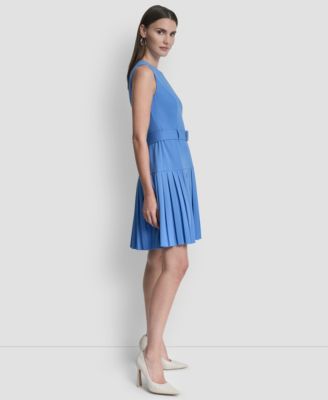 Women's Sleeveless Jewel Neck Pleated Drop Waist Mini Dress