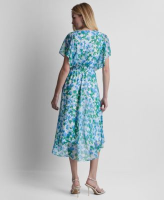 Women's Flutter-Sleeve V-Neck Smocked Waist High-Low Midi Dress