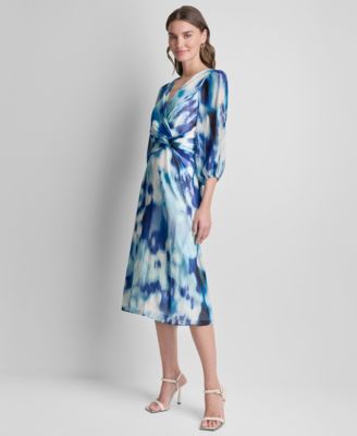 Women's 3/4-Balloon-Sleeve Surplice Neck Knot Front Midi Dress