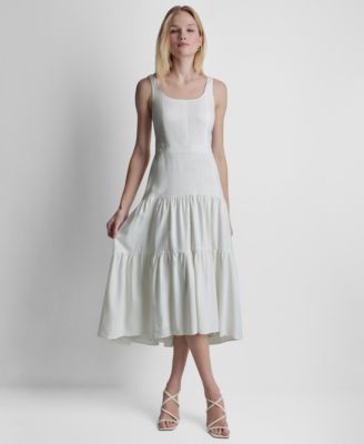 Women's Sleeveless Square Neck Tiered Linen Midi Dress