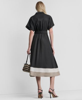 Women's Short-Sleeve Collared Neck Buckle Belt Midi Shirt Dress
