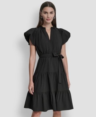 Women's Puff-Sleeve V-Neck Tiered Knee-Length Dress