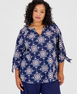 Plus Size Cotton Tie-Cuff Top