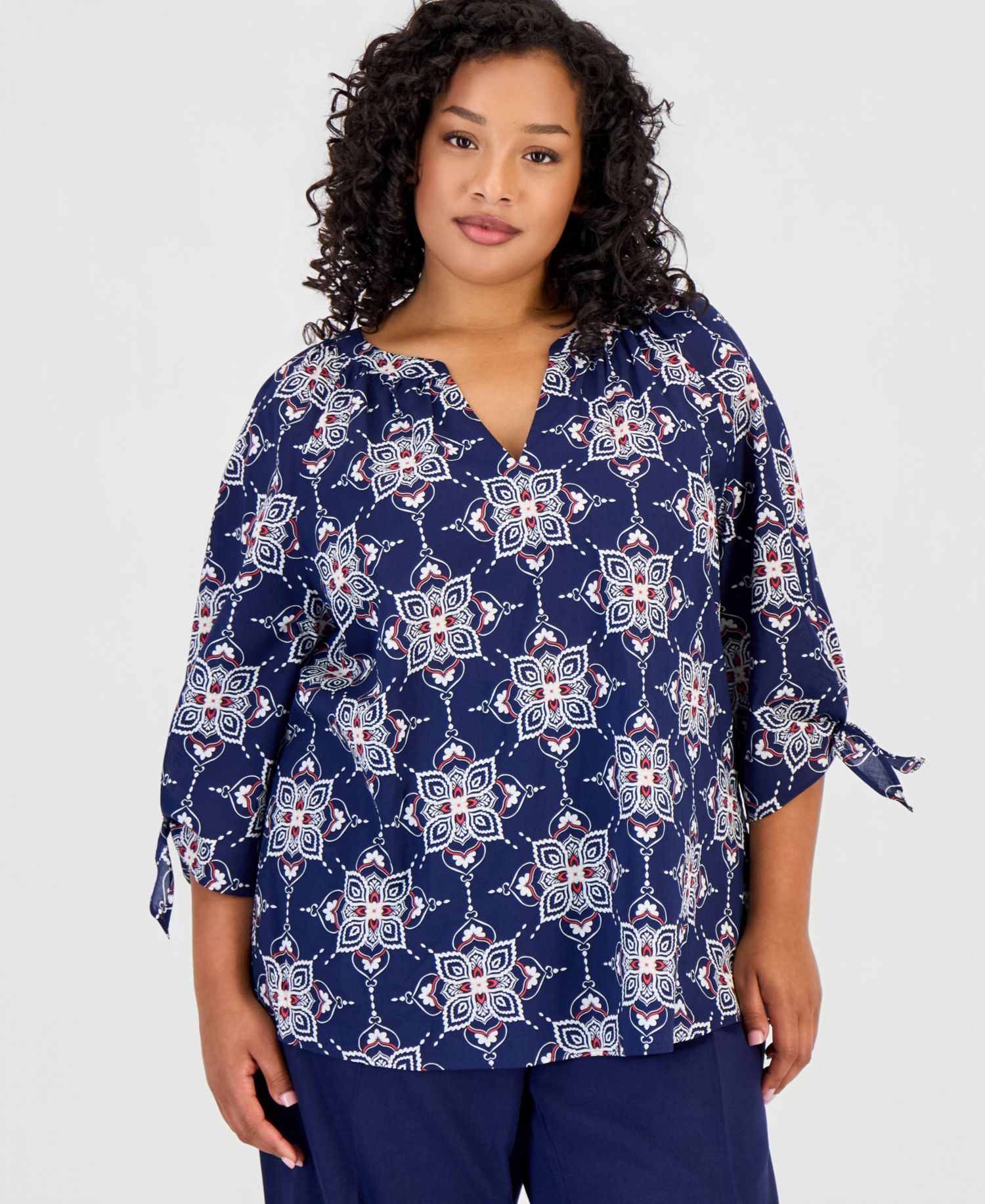 Plus Size Cotton Tie-Cuff Top