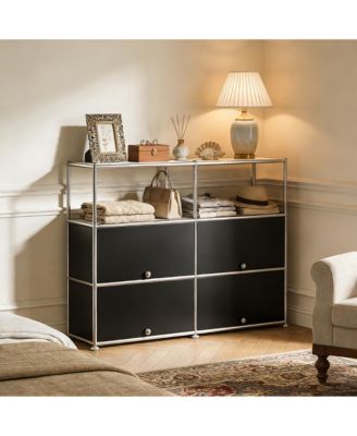 Multi-Purpose Storage Cabinet with Double Drawers and Open Display Shelf, Modern Metal Frame Console for Entryway or Living Room