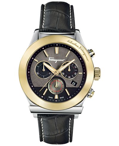 Ferragamo Men's Swiss Chronograph 1898 Black Leather Strap Watch 42mm FFM12 0016