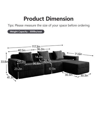 Modular 3 Seat L Shape Sectional Sofa, Cloud Couch with Ottoman