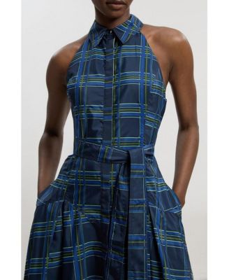 Women's Check Taffeta Belted Maxi Shirt Dress