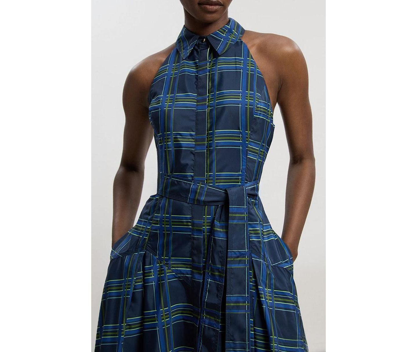 Женское платье Karen Millen Check Taffeta Belted Maxi Shirt Dress, цвет: Тёмно-синий — фото 8