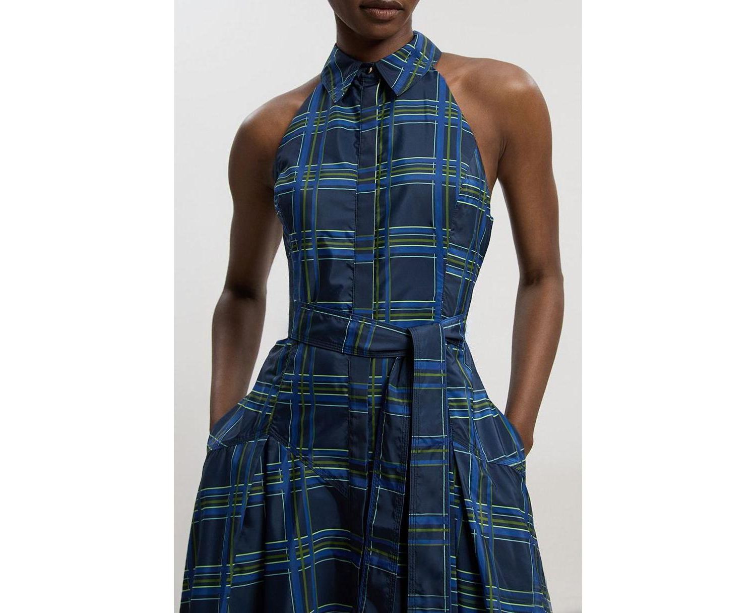 Women's Check Taffeta Belted Maxi Shirt Dress