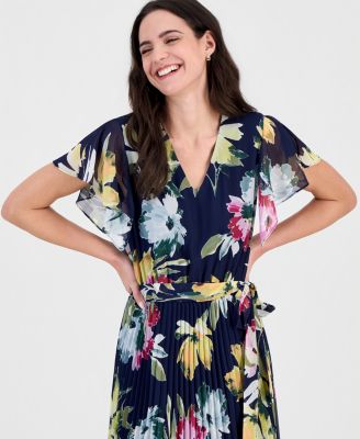 Women's Flutter-Sleeve Pleated Maxi Dress