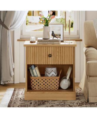 Fluted Nightstand with Drawer, Mid Century Modern Bedside Table Light Wood Nightstand with Storage