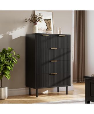 Black Wave Fluted 5 Drawer Dresser Tall Bedroom Chest Anti Tip Metal Legs Modern Storage for Small Spaces