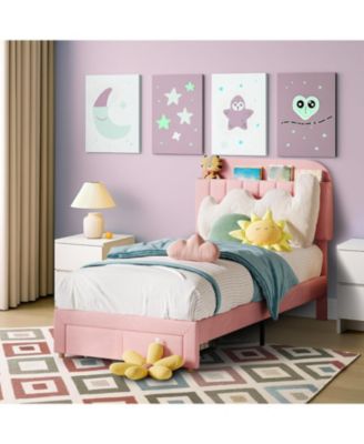 Twin Bed Frame Velvet Platform Bookcase Headboard Kids Girls Steel Legs Easy Build Noise Free