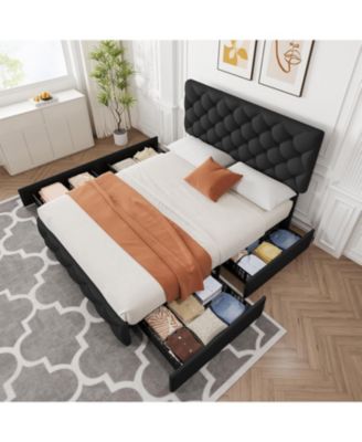 King Size Bed Frame with 4 Storage Drawers, Linen Upholstered Headboard/Footboard, Diamond Tufted