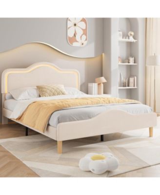 Queen Princess Platform Bed Frame with RGB LED Lights Adjustable Velvet Headboard Wood Slat Support No Box Spring